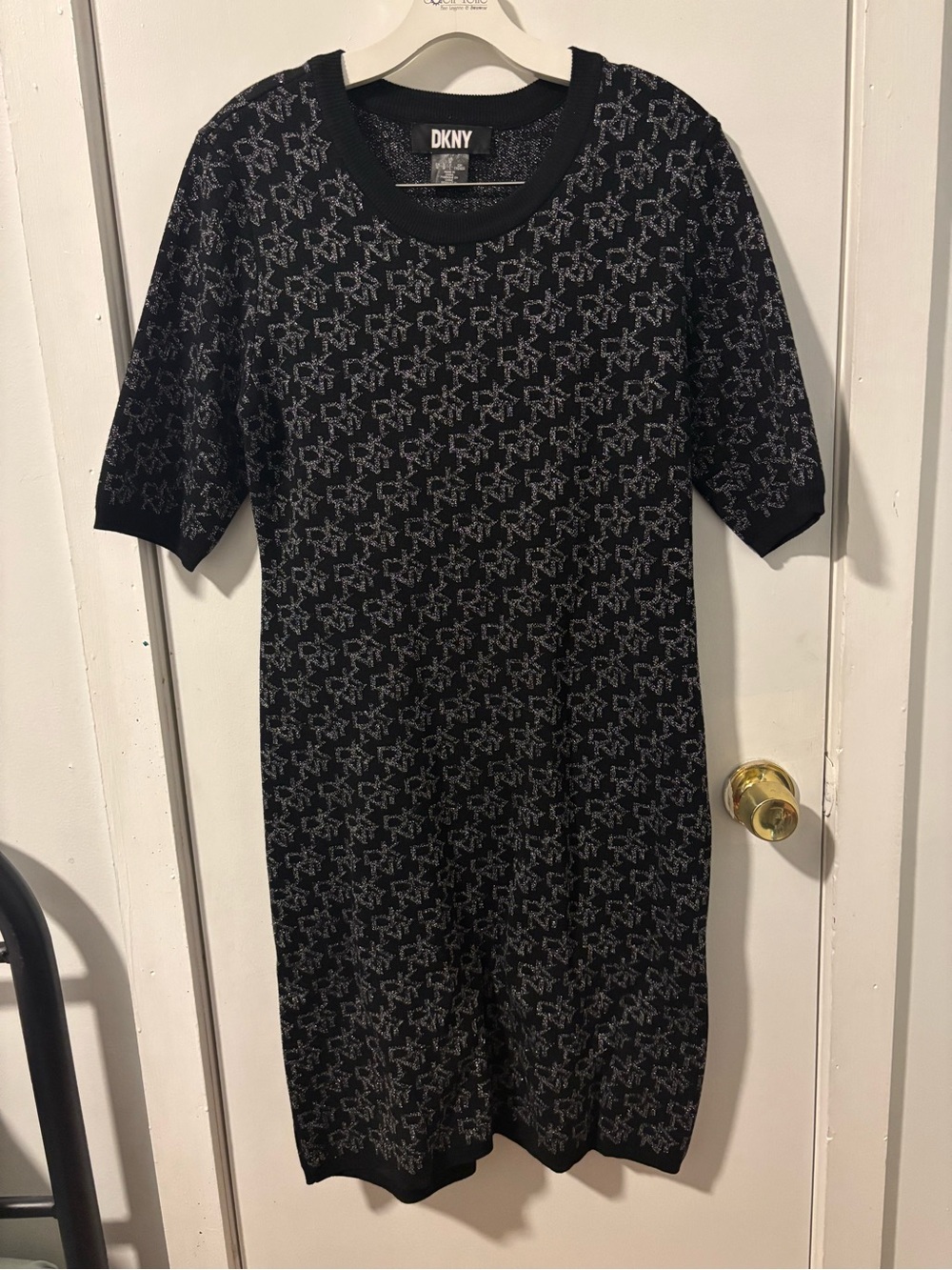 DKNY Black & Gray Knit Midi Dress with Geometric Pattern